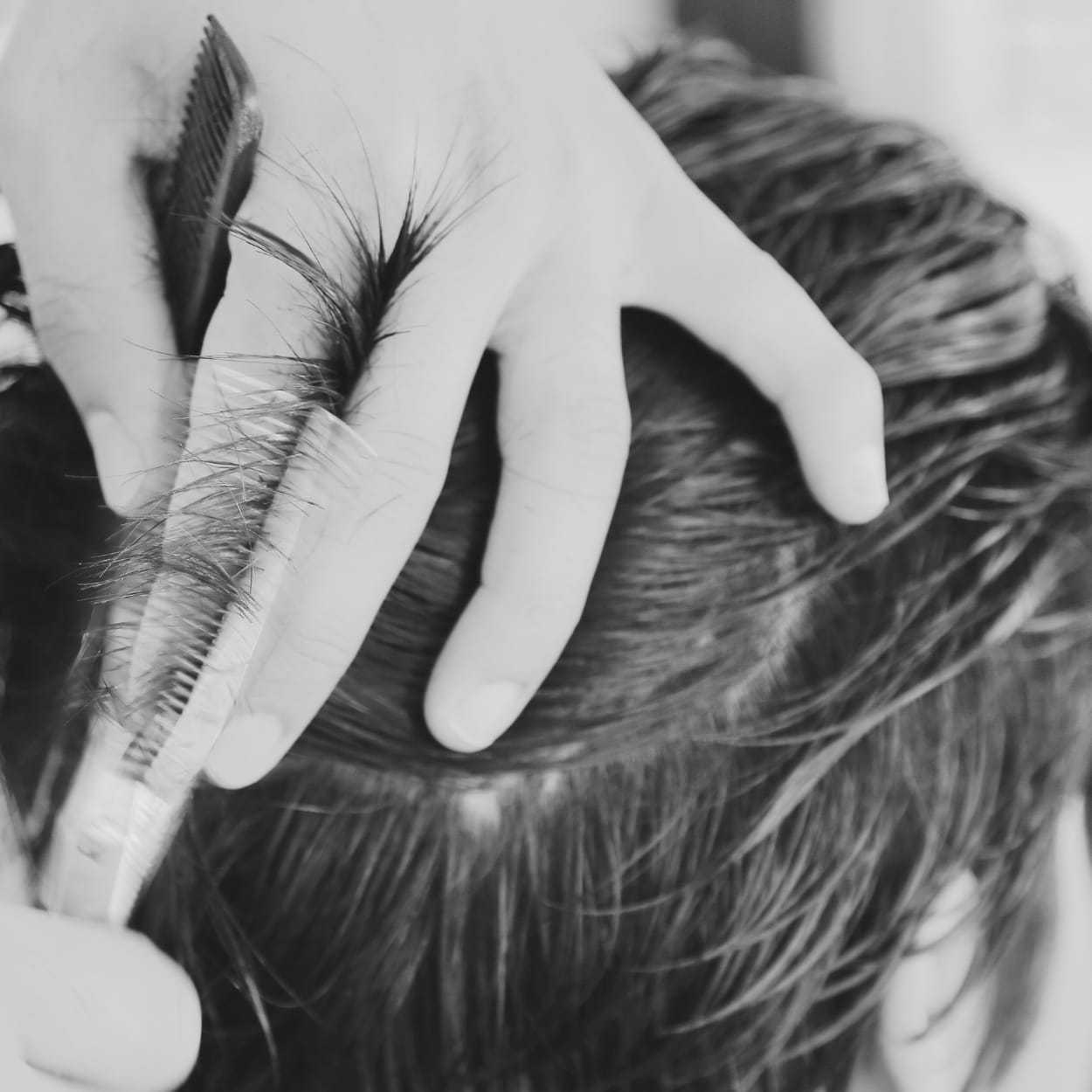 Person receiving a haircut, with scissors and a comb used to trim the hair.